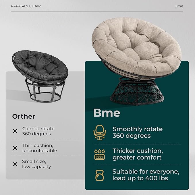 Bme 40 Ergonomic Wicker Papasan Chair with Soft Thick Cushion &amp Frame 360° Swivel Papasan Chair Circle Chair Reading Chair Chair for Living Room Bedroom Silver Cloud - Black Frame
