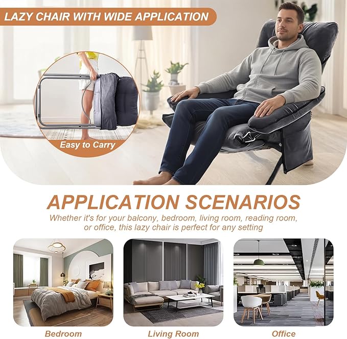 Lazy Chair with Ottoman Modern Lounge Accent Chair with Armrests and Side Pocket Leisure Sofa Armchair Reading Chairs with Footrest for Living Room Bedroom Dorm &amp Office Gray