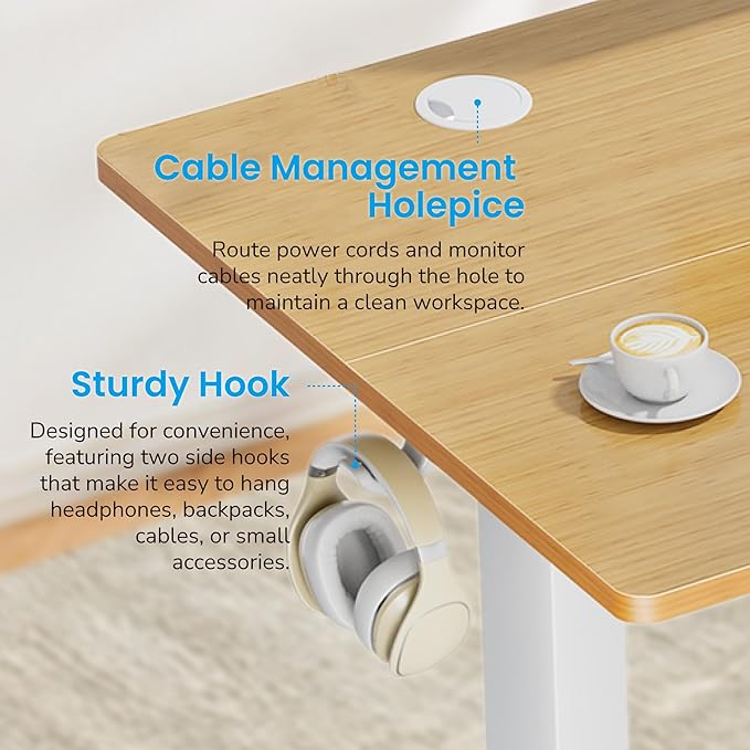 Hexago Electric Standing Desk 48 x 24 Inch Height Adjustable Sit Stand Desk with Memory Presets T-Leg Frame Dual Hooks Cable Hole Ergonomic Computer Desk for Home Office – Oak