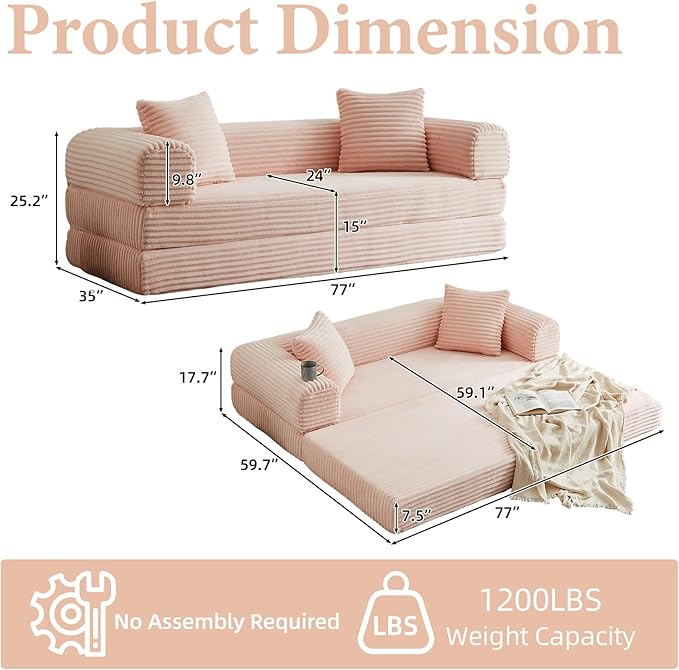 Folding Convertible Sleeper Sofa Bed Corduroy Upholstered Boneless Couch with Pillows Modular Floor Sofa Compression Couch for Living Room No Assembly Required (Pink)