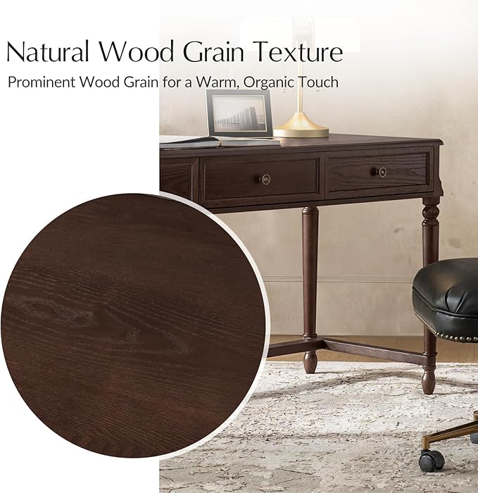HULALA HOME 60 Home Office Desk with Storage 3 Drawers Writing Desk with Solid Wood Spindle Legs Wood Computer Desk with Charging Station Solid Wood Veneer Finish Auburn