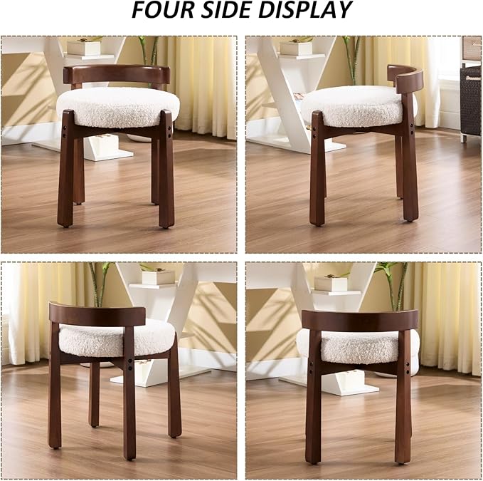 HEAH-YO Wood Vanity Chair with Back Set of 2 Sherpa Upholstered Small Ottoman Footstool Mid-Century Modern Makeup Chair with Solid Wood Legs for Makeup Room Bedroom Living Room White
