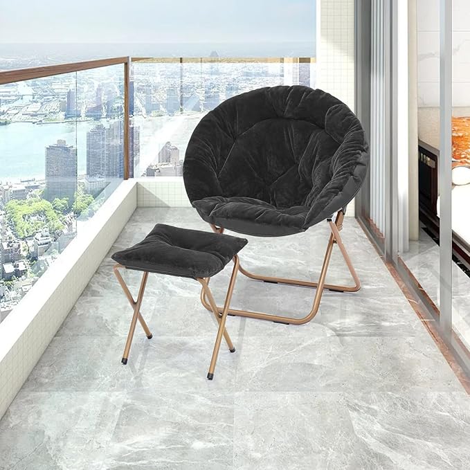 Athena Collection Round Saucer Chair with Ottoman Set for Adults Oversize Comfy Cozy Faux Fur Folding Reading Chair with Metal Leg Lazy Relaxing for Living Room Bedroom Dorm Apartment Black