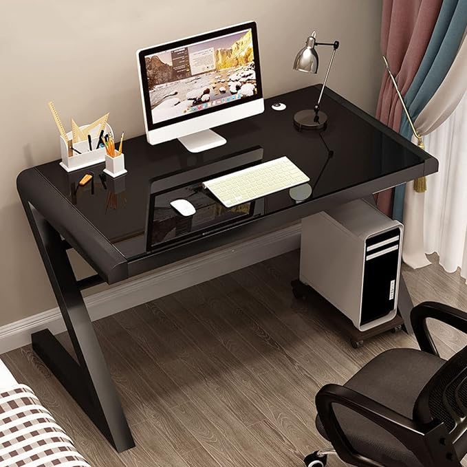 Tempered Glass Computer Desk Modern Design Student Writing Desk Study Desk Home Office Desk Gaming Desk Personal Workstation with Z-Shaped Metal Frame(39 Inch Black)