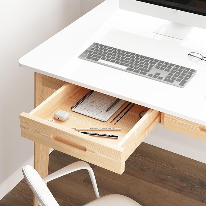 FUFU&ampGAGA 39” Office Desk Rectangular Computer Desk with 2 Drawers Writing Table for Reading Crafting Home Office Study Room White and Oak 39.4”W x 21.7”D x 29.5”H