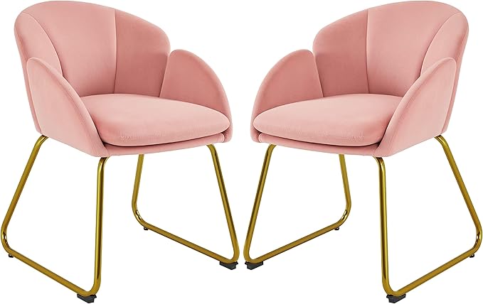 Yaheetech Velvet Living Room Chair Flower Shaped Armchair with Golden Legs Upholstered Side Chair for Vanity Room Living Room Kitchen Set of 2 Pink
