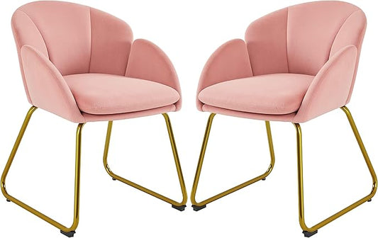 Yaheetech Velvet Living Room Chair Flower Shaped Armchair with Golden Legs Upholstered Side Chair for Vanity Room Living Room Kitchen Set of 2 Pink