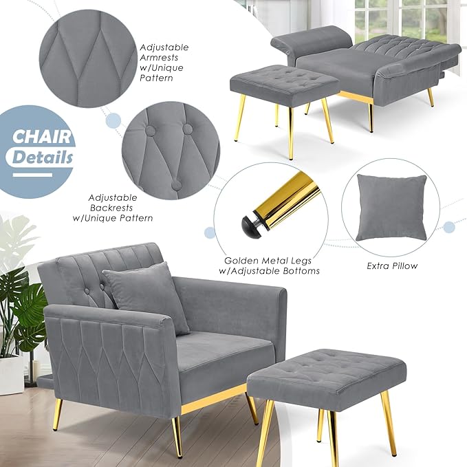 Velvet Accent Chair with Adjustable Backrest and Armrests Single Recliner Armchair with Ottoman and Golden Mental Legs for Living Room Bedroom and Waiting Room Grey