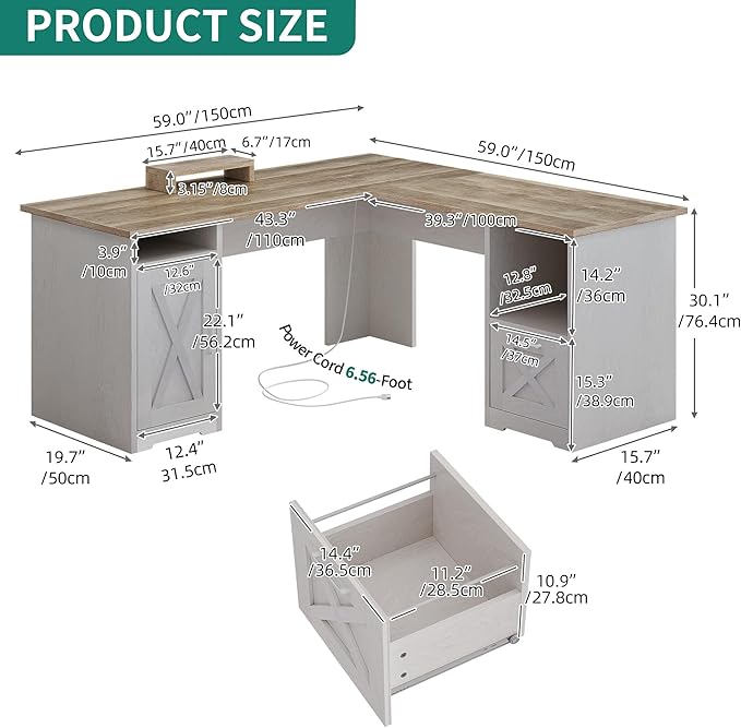 YITAHOME L Shaped Desk with Power Outlets 60 Inch Computer Desk Corner Desk with File Drawer Home Office Desk with Monitor Stand &amp Storage Shelves L-Shaped Desk with File Cabinet Grey Wash