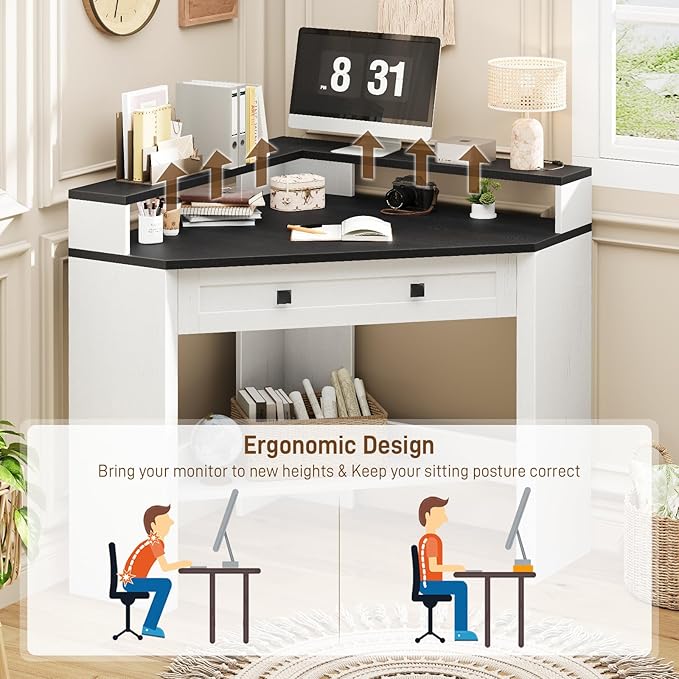 Corner Desk Triangle Computer Desk Home Office Workstation with Drawer and Monitor Stand for Small Spaces Farmhouse Corner Vanity Table for Bedroom Study Living Room (Rustic White and Black)