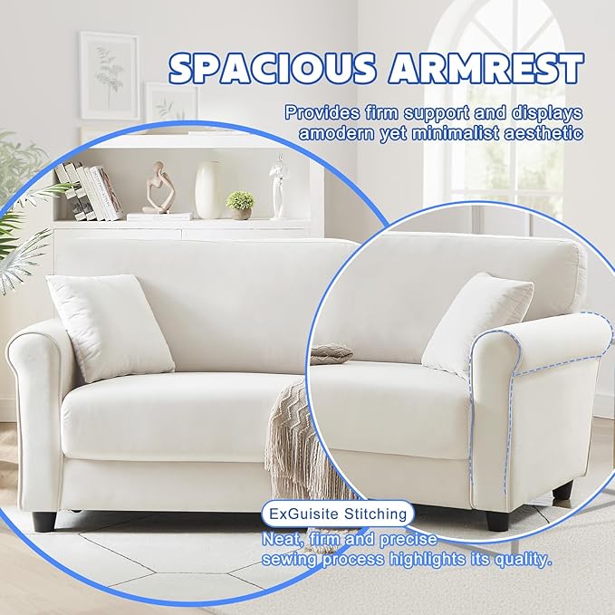 82.48 Velvet Upholstered Sofa Couch3 Seater Couch Loveseat Sofa Furniture Comfy Couches for Living Room Bedroom Small Space(Beige White)
