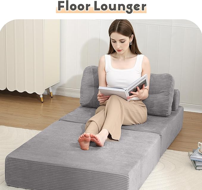 MeMoreCool Folding Sofa Bed Single Grey – Convertible Sleeper Chair with Back Support | Foldable Floor Lounge Mattress Chair with Headrest &amp Lumbar Pillow Ideal for Living Room Bedroom Guest Spa