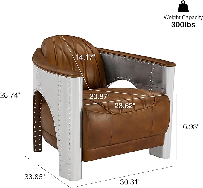 Volans Genuine Leather Accent Arm Chair with Vintage Aluminum Patchwork for Living Room Retro Cognac