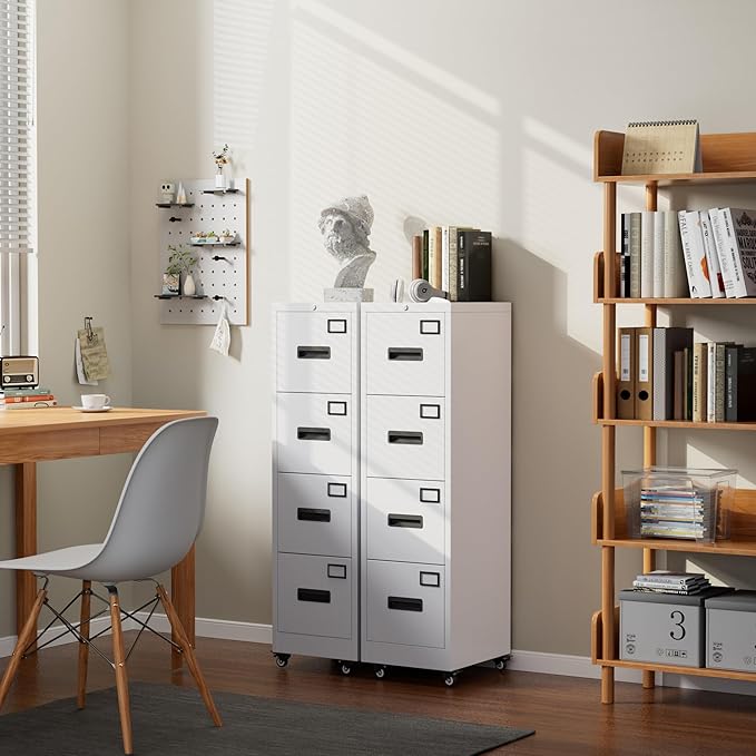 GarveeHome 4 Drawer Metal File Cabinet with Independent Locks Heavy Duty Steel Vertical Filing Cabinet for A4 Letter/Legal Size Locking Drawers for Home Office School White