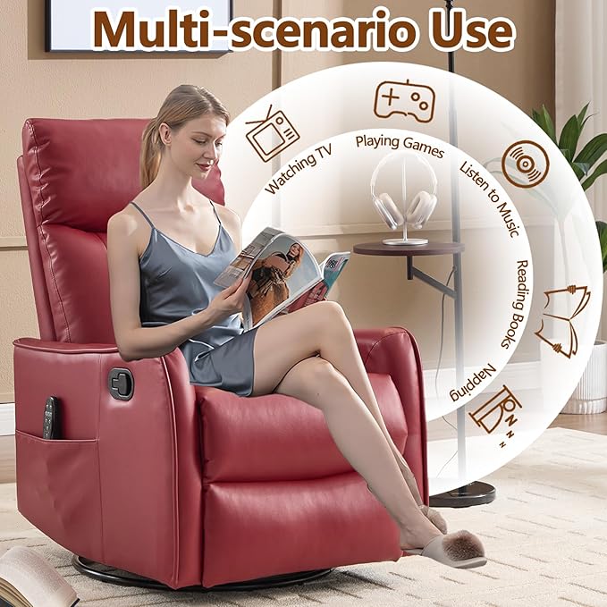 Massage Recliner Chair with Heat Slim Recliners for for Adults Swivel Rocking Chair Recliner with High Back Small Recliner Chair for Small Spaces Living Room Adjustable Footrest (Wine Red)