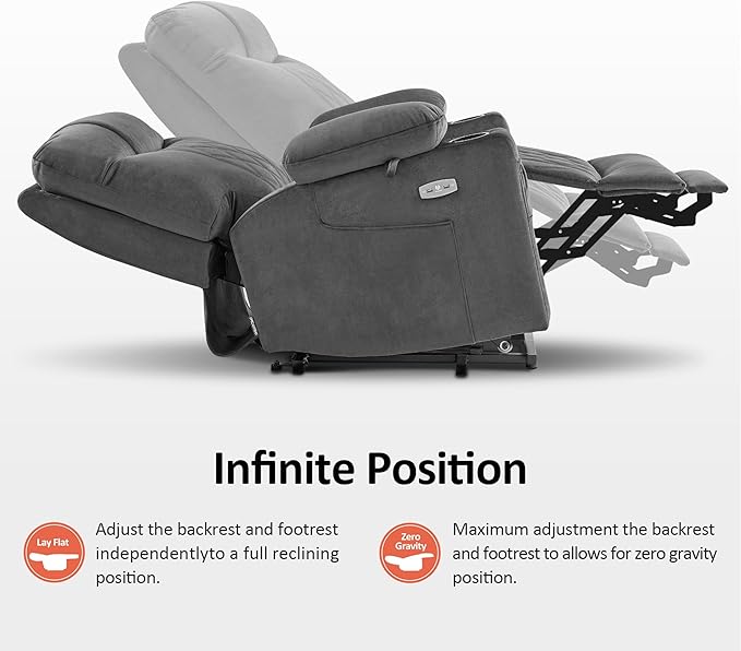 MCombo Small Size Triple Motor Power Lift Recliner Chair Sofa with Massage and Dual Heating Adjustable Headrest for Elderly People Petite USB Ports Extended Footrest Fabric 7222 (Dark Grey)