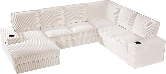 PaPaJet U Shaped Couch 112 Inch Oversized Couch with Storage Chaise Sectional Sofa with Cup Holders &amp 2 USB Ports Corduroy Beige Sofa