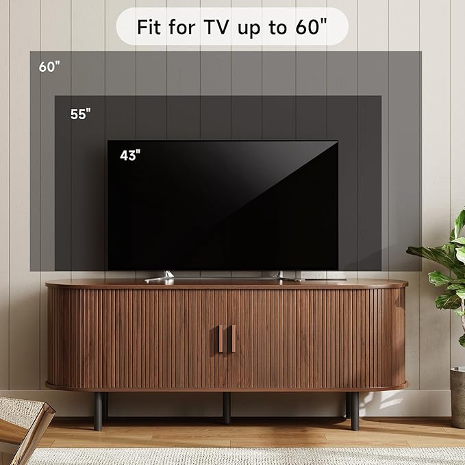 ONBRILL 55 TV Stand with Power Outlet for TVs up to 60 Inch Entertainment Center with Storage and Adjustable Shelves Modern Media Console with Sliding Doors for Living Room Walnut