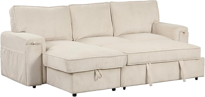 Modern Upholstered L-Shaped Convertible Corner Sofa Couch Pull-Out Sofa Bed Sleeper Sectional Sofa with Storage Bags and 2 Cup Holders on Arms for Living Room Office Apartment (Beige-2C)
