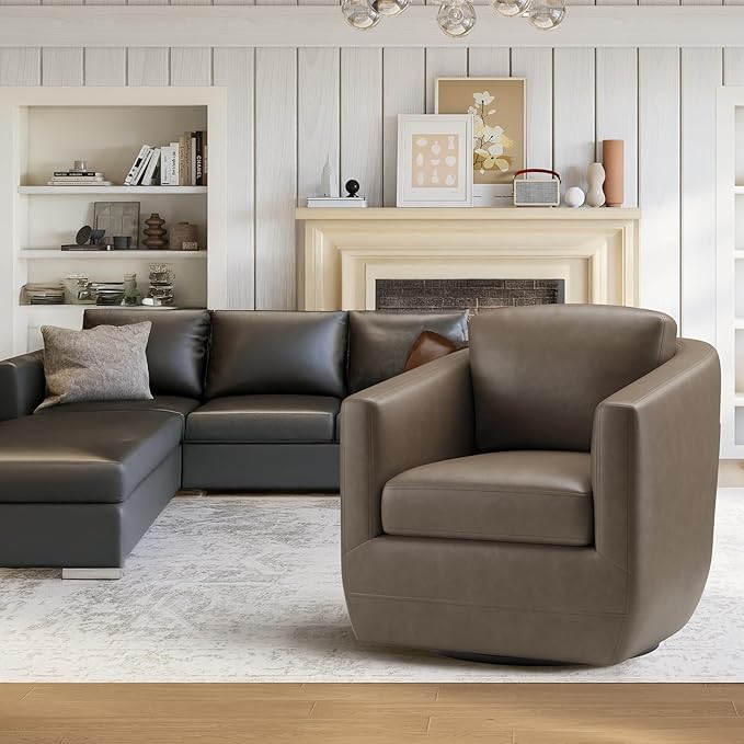 COLAMY 360° Swivel Accent Chair with Pillow Leather Living Room Armchair No-Sag Foam &amp Sturdy Metal Base Fully Assembled Swivel Accent Single Sofa for Bedroom Living Room Reading Room Wolf Gre