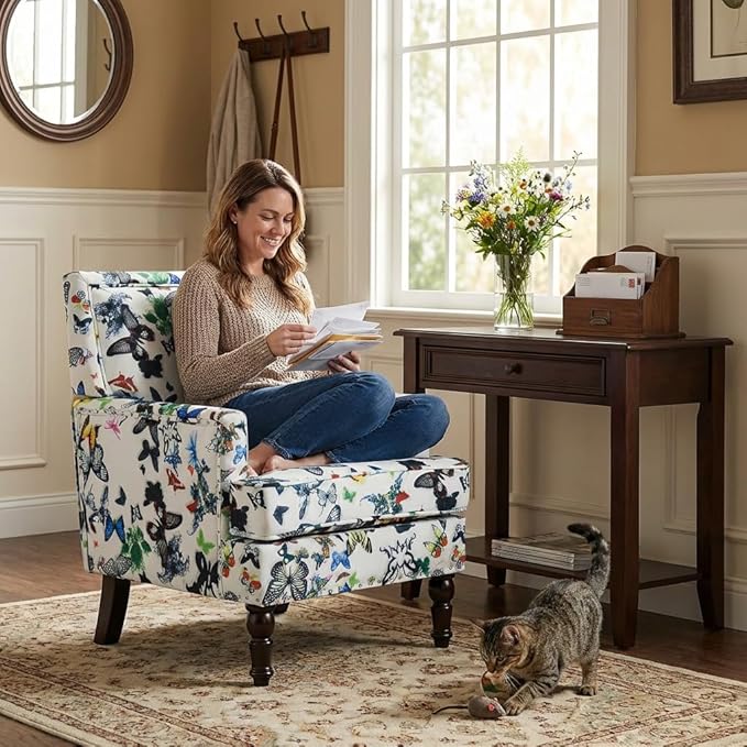 Butterfly Accent Chair Floral Print Armchair for Living Room Bedroom Cute Upholstered Reading Chair for Small Space Cotton Fabric with Solid Rubberwood Legs（Butterfly）