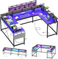 U Shaped Gaming Desk with RGB Lights - 60 Large Computer Desk with Power Outlets &amp USB Ports Sturdy l-Shaped Corner Desk for Home Office Ergonomic Workstation with Flip-Up Tabletop