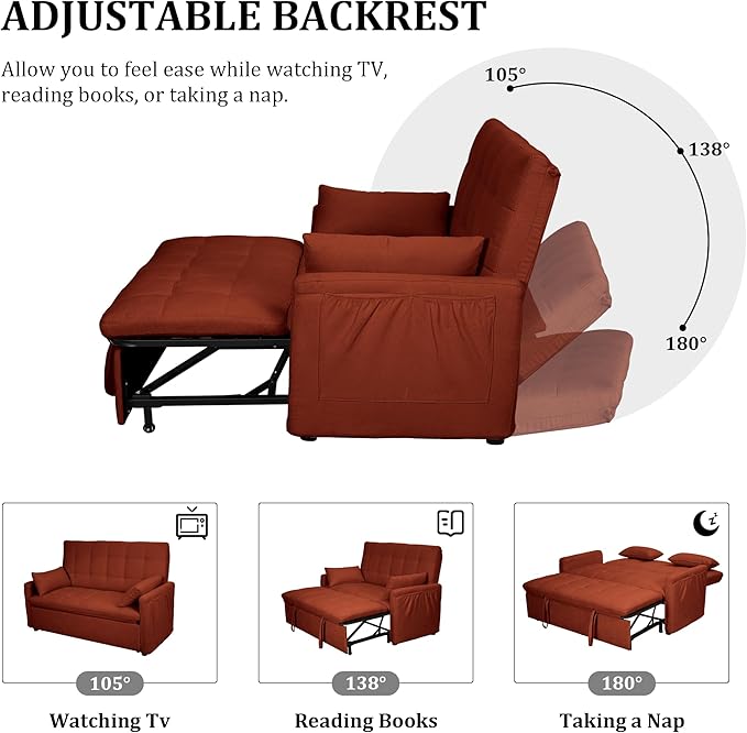 60 Pull Out Sofa Bed Linen Convertible Sleeper Couch Loveseat Chaise Lounge with Side Pockets Red Pullout Futon Sofa Bed for Living Room Bedroom Small Spaces RV (Red)