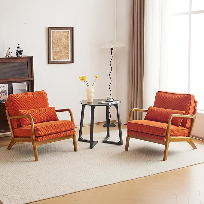 Karl home Mid-Century Modern Accent Chair Living Room Chairs with Pillow Corduroy Upholstered Lounge Armchair with Solid Wood Frame &amp Soft Cushion for Bedroom Reading Room Orange
