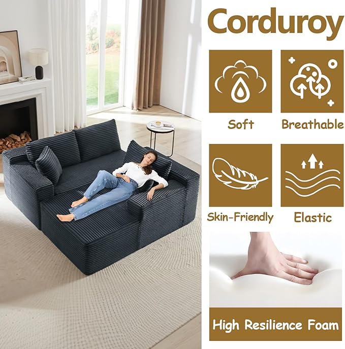 104 Boneless Sectional Couches L Shaped Couch with Deep Seat for Living Room Apartment Corduroy Memory Foam Couch with Comfy Pillows (Dark Grey Right Chaise)
