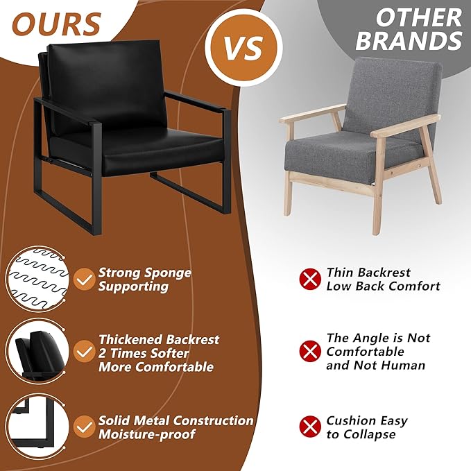AWQM Leather Accent Chair Set of 2 Sofa Chair with Extra-Thick Padded Backrest and Seat Cushion Single Sofa for Living Room Bedroom Black Metal Frame 105 Degree Slant Back Black (ETSF-01BK-02)