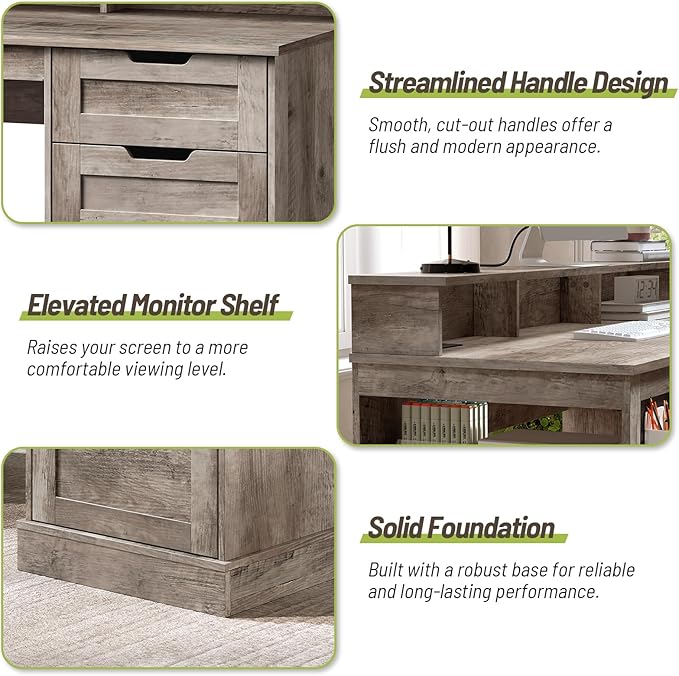 55-Inch Farmhouse Executive Desk with 2 Drawers and File Cabinet Computer Desk with 3-Tier Storage Shelves Home Office Desk with Charging Station Pegboard and Monitor Shelf Gray