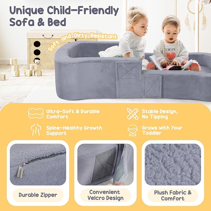 Toddler Travel Bed 2-in-1 Foldable Portable Toddler Bed Sofa Chair Soft Baby Kids Travel Floor Cot with Washable Covers Safety Foam Raised Bumper for Camping Hotel Sleeping (Grey)