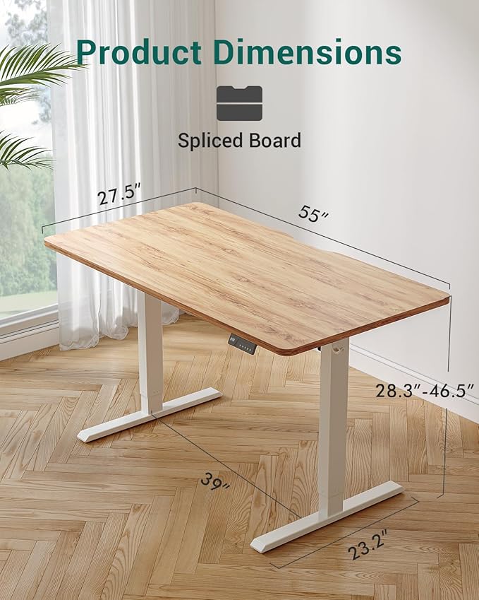 FEZIBO Standing Desk 55×28 Inches Electric Height Adjustable Sit Stand Up Computer Office Desk with Splice Board White Frame/Light Rustic TOP