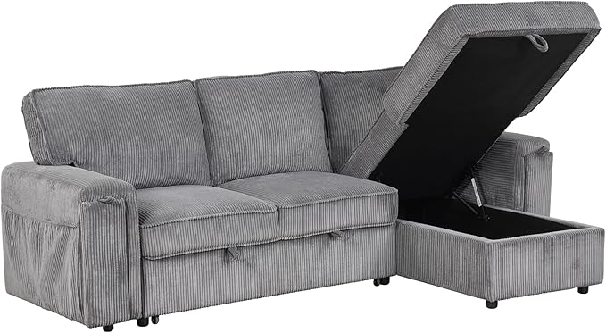 Modern Upholstered L-Shaped Convertible Corner Sofa Couch Pull-Out Sofa Bed Sleeper Sectional Sofa with Storage Bags and 2 Cup Holders on Arms for Living Room Office Apartment (Grey-2C)