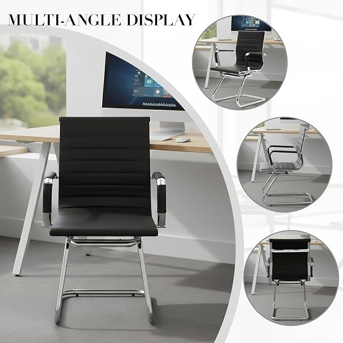 CIMOTA Waiting Room Chairs Leather Office Guest Chair Mid Back Reception Chairs with Sled Base for Meeting/Patient/Conference Room Black Set of 2
