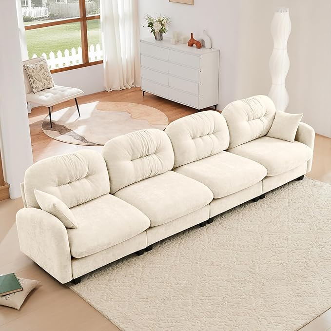 140 Oversized Modular Sectional Sofa Beige Large Sectional Couches for Living Room Chenille Fluffy Sofa Set Cloud 4 Seater Comfy Modular Couches Modern Sofas para Sala