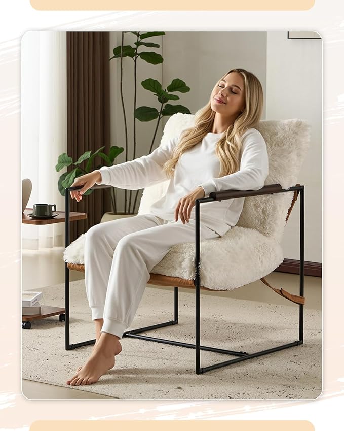 Karl home Modern Accent Chair Plush Fleece Upholstered Living Room Chair with Metal Frame Wooden Armrest Comfy Lounge Armchair for Living Room Bedroom Balcony Reading Room Creamy