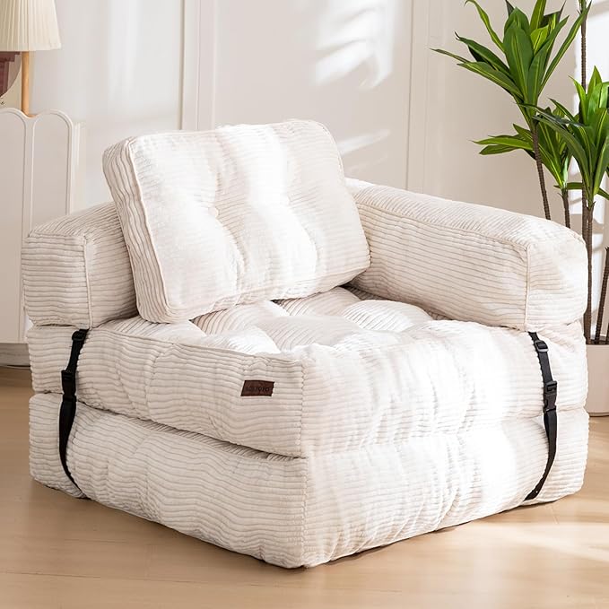 MAXYOYO Folding Sofa Bed L-Shaped Convertible Sofa Foldable Sleeper Couch with Pillow Portable Fold Out Chair Bed with Armrest Comfy Floor Lounge for Living Room Bedroom Beige
