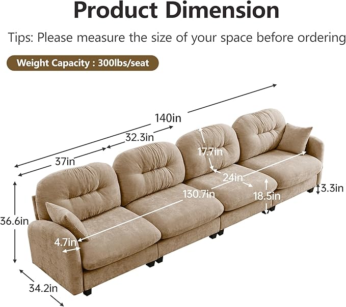 KEIKI 140 Oversized Chenille Modular Sectional Sofa with High-Density Foam Cushion and Tufted Pleated Cushion Backrest Upholstered Modern 4-Seater Cloud Couch with 2 Pillow for Living Room Camel