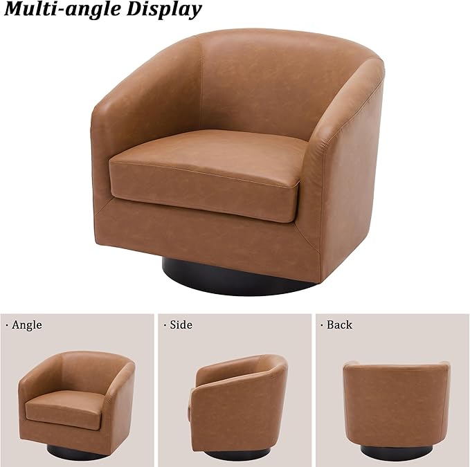 Swivel Barrel Chair Modern Round PU Leather Accent Armchair for Living Room Bedroom Oversized Comfy Club Reading Chairs for Adults (Leather Brown Set of 1)