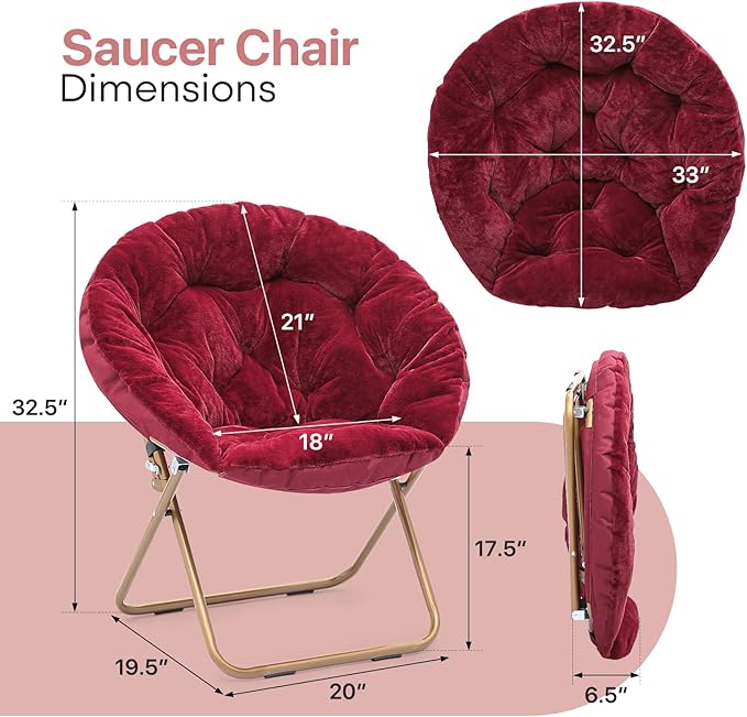 Foldable Oversized Moon Chairs Set of 2 Large Soft Lazy Cozy Comfortable Faux Fur Round Saucer Moon Chairs Set of 2 for Teens and Adults Burgundy