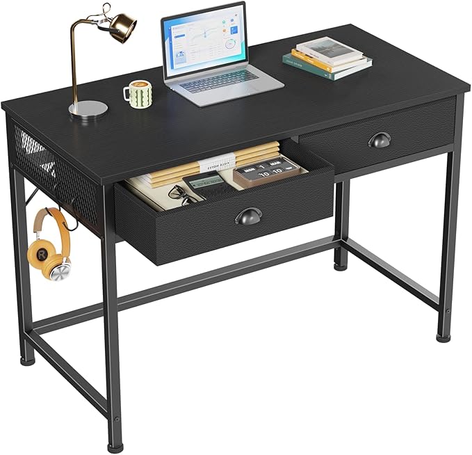 Furologee Small Computer Desk with 2 Fabric Drawers for Bedroom 40 Inch Simple Home Office Desk for Small Space Study Work Writing Table with Hooks for Kids Student Black