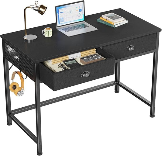 Furologee Small Computer Desk with 2 Fabric Drawers for Bedroom 40 Inch Simple Home Office Desk for Small Space Study Work Writing Table with Hooks for Kids Student Black