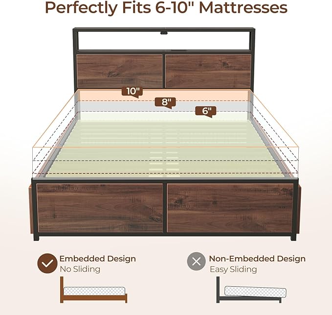 Rolanstar Twin Bed Frame with 4 Storage Drawers &amp 2-Tier Storage Headboard Metal Platform Bed Frame with Charging Station &amp LED Lights Noise-Free No Box Spring Needed Easy Assembly Espres