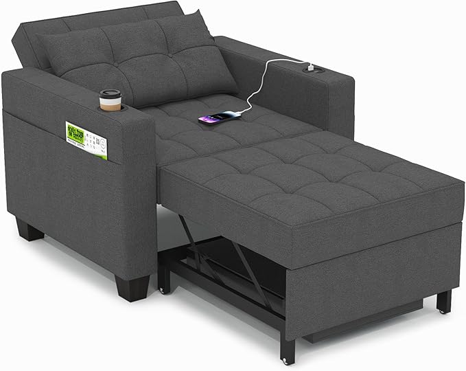 DURASPACE 36.6 Inch Sleeper Chair 3-in-1 Convertible Chair Bed Pull Out Sleeper Beds Adjustable Single Armchair Sofa with USB Ports Side Pocket Cup Holder (Dark Gray Linen)