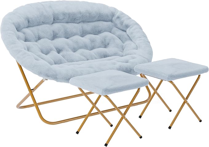 Flash Furniture Eleanor Portable Double Saucer Chair with 2 Ottomans Folding Steel Frames for Dorm or Bedroom 56 Dusty Aqua Faux Fur/Soft Gold Frame