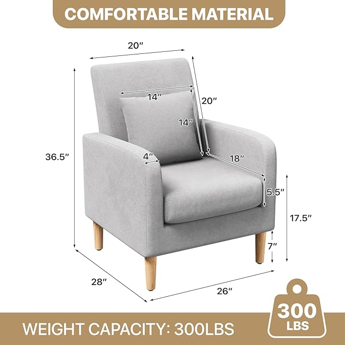 MoNiBloom Accent Chair with Back Pillow Upholstered Club Arm Chair Modern Living Room Chair with Wooden Legs for Bedroom Corner Living Room Reading Nook Gray
