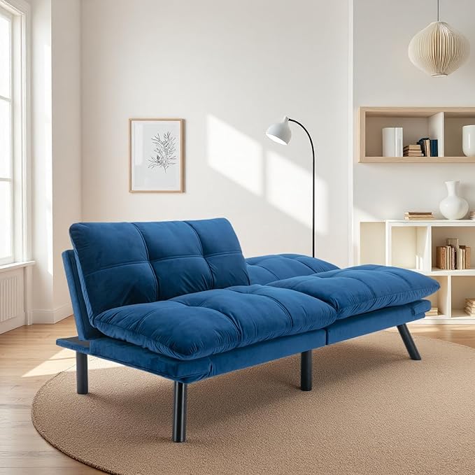 71-inch Microfiber Upholstered Futon Sofa Bed - 2 Seats Adjustable Arms/Back Iron Legs | Convertible to Sleeper for Main Living Spaces Bedrooms Offices (Navy Blue+2Seat)