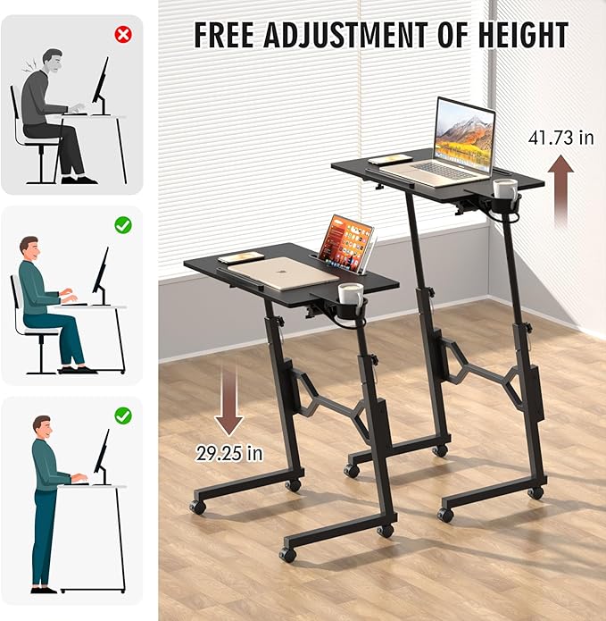 Small Standing Desk with Wheels Portable Treadmill Desk Rolling Desk Adjustable Height for Laptop Mobile Standing Table for Walking Pad Bedside Table