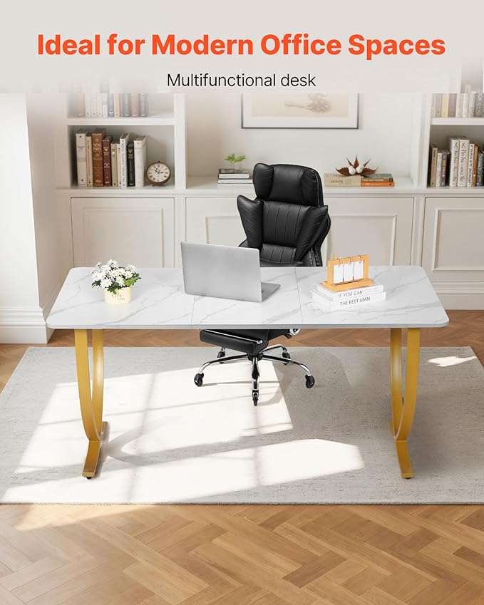 VEVOR Executive Desk 63 W x 31.5 D Large Office Desk Modern Computer Table Conference Meeting Room Table Business Furniture Enlarged Desktop for Home Office White and Gold